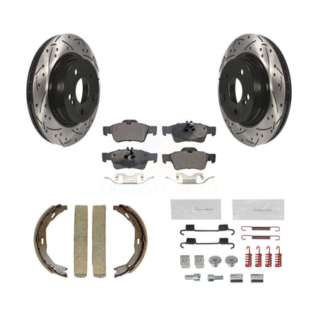 Rear Disc Drilled & Slotted Rotors Ceramic Pads Parking Brake Shoes And Hardware Kit For KDT-102117