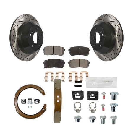 Rear Disc Drilled & Slotted Rotors Ceramic Pads Parking Shoes Hardware Kit For Kia Sedona KDT-102118