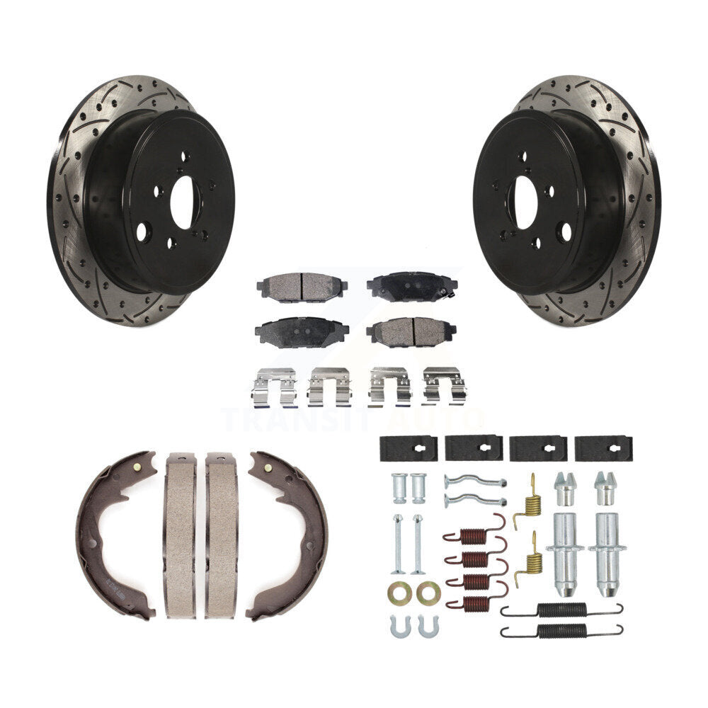 Rear Disc Drilled & Slotted Rotors Ceramic Pads Parking Brake Shoes And Hardware Kit For KDT-102119