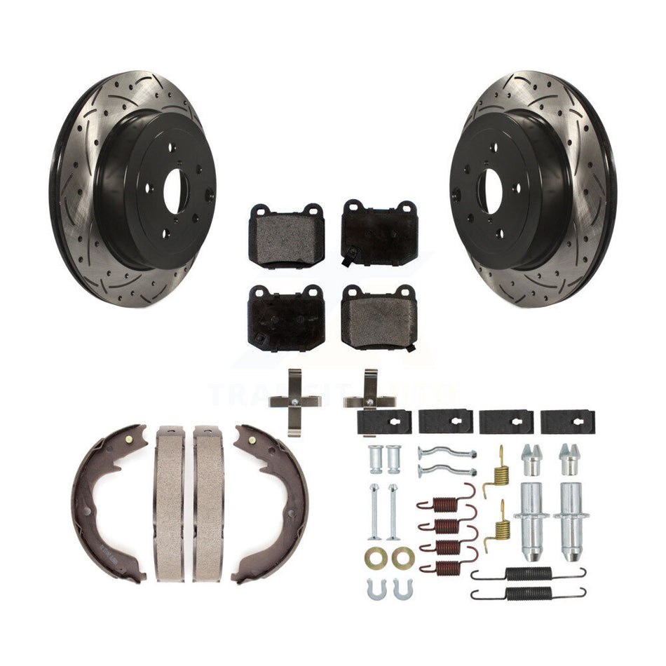 Rear Disc Drilled & Slotted Rotors Ceramic Pads Parking Brake Shoes And Hardware Kit For KDT-102120