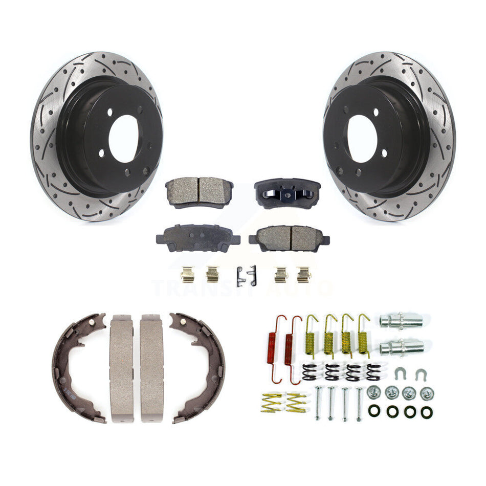 Rear Disc Drilled & Slotted Rotors Ceramic Pads Parking Brake Shoes Hardware Kit For Jeep KDT-102123