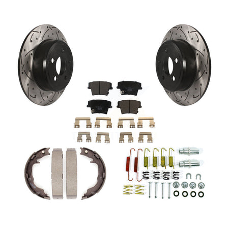 Rear Disc Drilled & Slotted Rotors Ceramic Pads Parking Brake Shoes And Hardware Kit For KDT-102124
