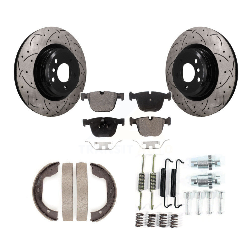Rear Disc Drilled & Slotted Rotors Ceramic Pads Parking Shoes Hardware Kit For BMW 750i 7 KDT-102125