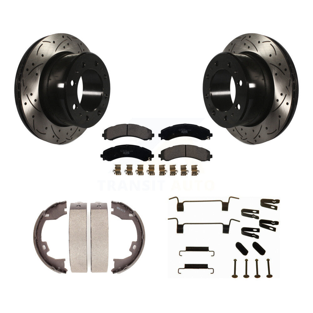 Rear Disc Drilled & Slotted Rotors Ceramic Pads Parking Shoes Hardware Kit For Ram 3500 KDT-102131