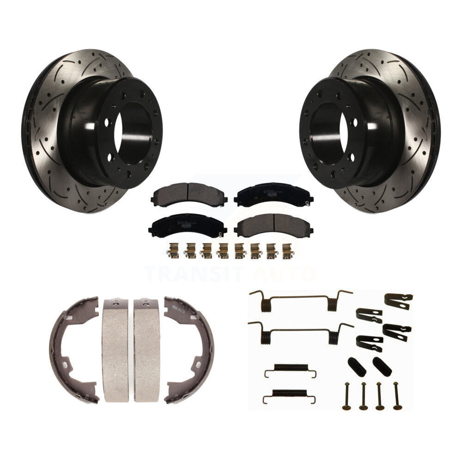 Rear Disc Drilled & Slotted Rotors Ceramic Pads Parking Shoes Hardware Kit For Ram 3500 KDT-102131