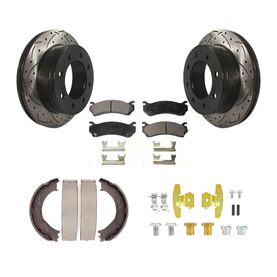 Rear Disc Drilled & Slotted Rotors Ceramic Pads Parking Shoes Hardware Kit For Chevrolet KDT-102133