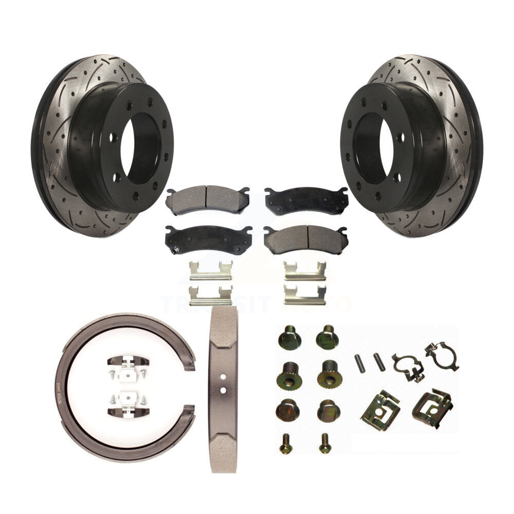 Rear Disc Drilled & Slotted Rotors Ceramic Pads Parking Brake Shoes And Hardware Kit For KDT-102134