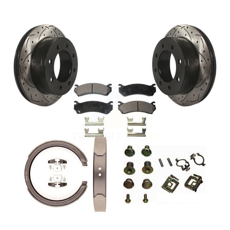 Rear Disc Drilled & Slotted Rotors Ceramic Pads Parking Brake Shoes And Hardware Kit For KDT-102134