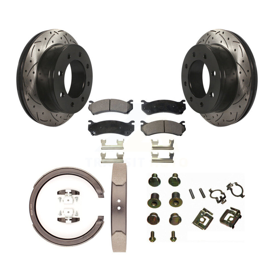 Rear Disc Drilled & Slotted Rotors Ceramic Pads Parking Brake Shoes And Hardware Kit For KDT-102134