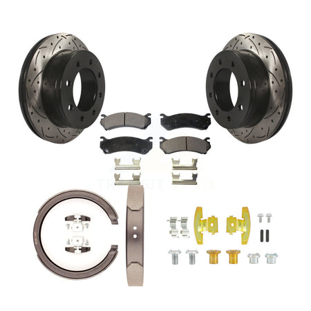 Rear Disc Drilled & Slotted Rotors Ceramic Pads Parking Brake Shoes And Hardware Kit For KDT-102135