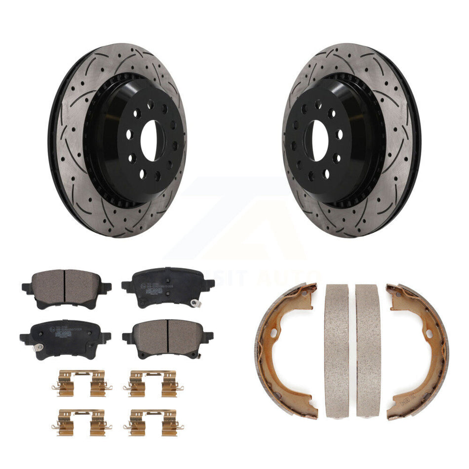 Rear Disc Drilled & Slotted Rotors Ceramic Pads Parking Brake Shoes Kit For Jeep Wrangler KDT-102136