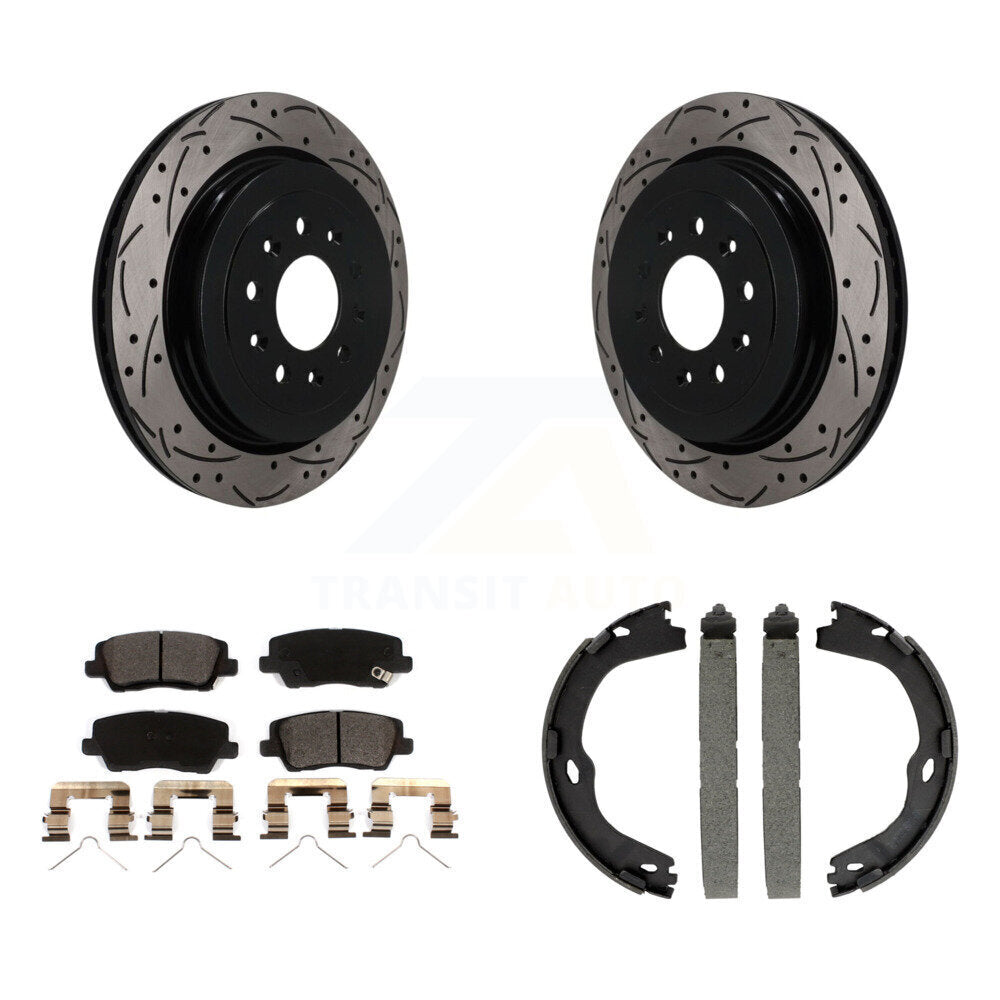 Rear Disc Drilled & Slotted Rotors Ceramic Pads Parking Brake Shoes Kit For Cadillac ATS KDT-102137