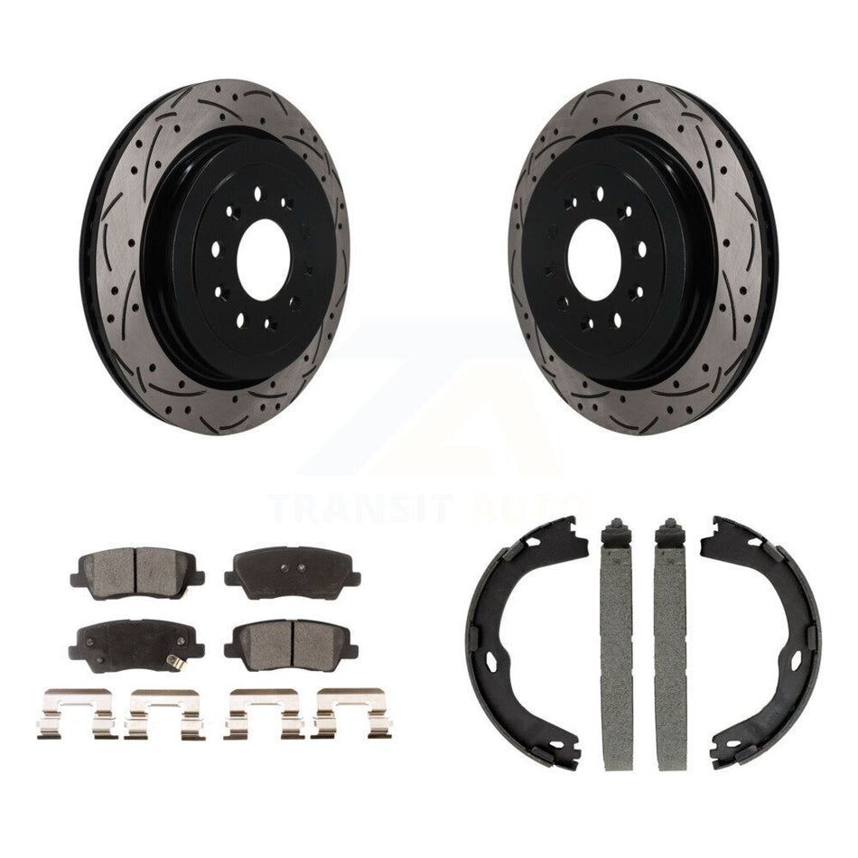 Rear Disc Drilled & Slotted Rotors Ceramic Pads Parking Brake Shoes Kit For Cadillac ATS KDT-102138