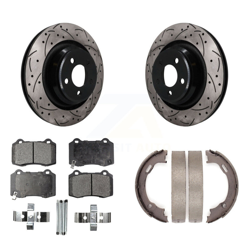 Rear Disc Drilled & Slotted Rotors Ceramic Pads Parking Shoes Kit For Dodge Charger 300 KDT-102140