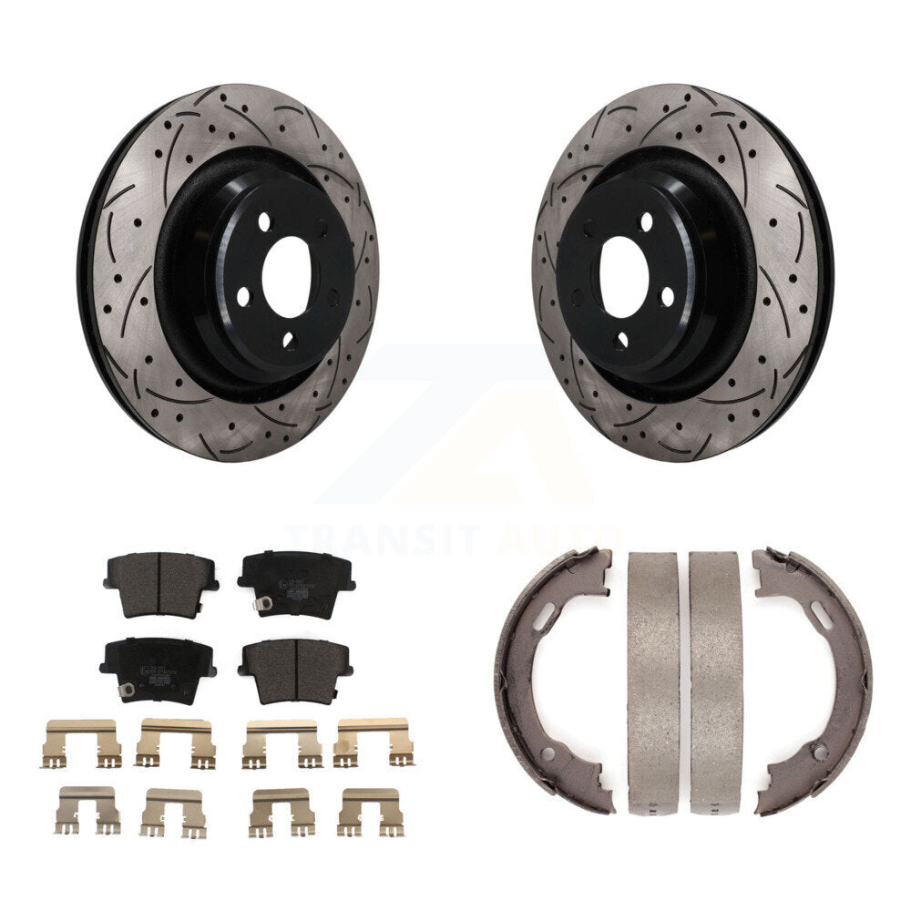 Rear Disc Drilled & Slotted Rotors Ceramic Pads Parking Brake Shoes Kit For Dodge Charger KDT-102141