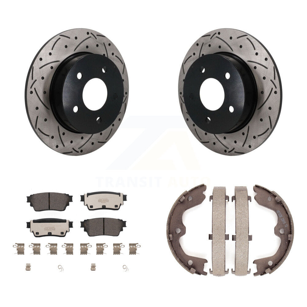 Rear Disc Drilled & Slotted Rotors Ceramic Pads Parking Brake Shoes Kit For Nissan Altima KDT-102144