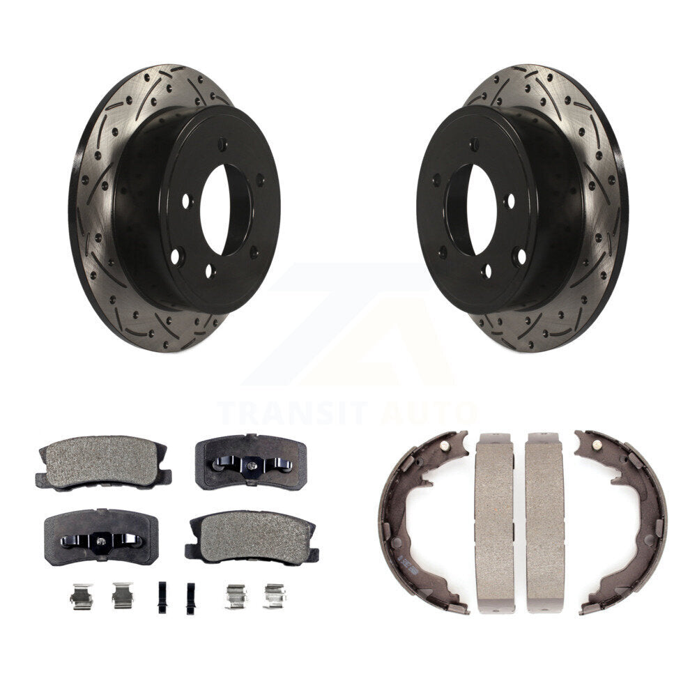 Rear Disc Drilled & Slotted Rotors Ceramic Pads Parking Brake Shoes Kit For Jeep Patriot KDT-102151