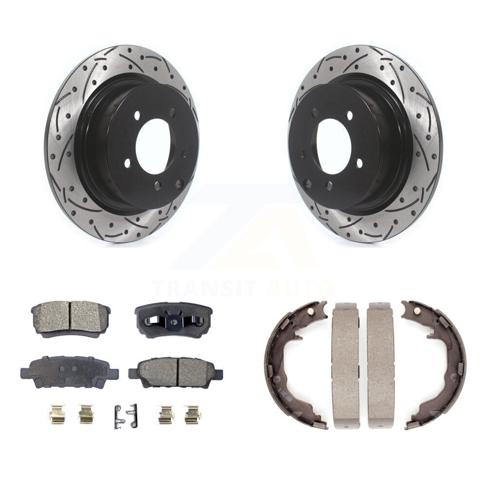 Rear Disc Drilled & Slotted Rotors Ceramic Pads Parking Brake Shoes Kit For Jeep Patriot KDT-102152