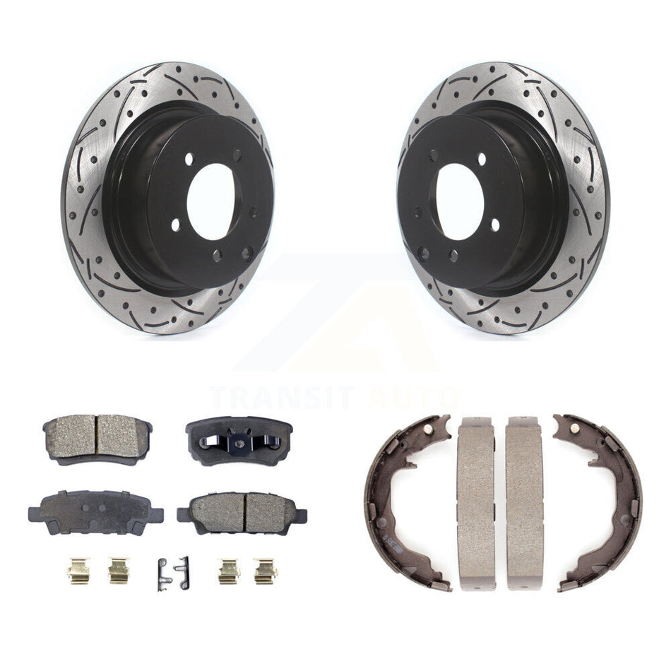 Rear Disc Drilled & Slotted Rotors Ceramic Pads Parking Brake Shoes Kit For Jeep Patriot KDT-102152