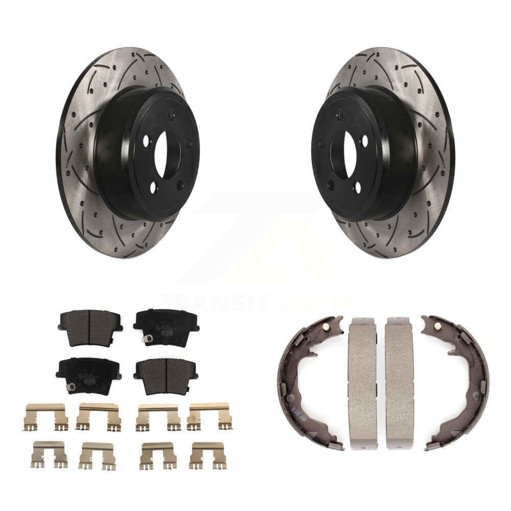 Rear Disc Drilled & Slotted Rotors Ceramic Pads Parking Brake Shoes Kit For Dodge Avenger KDT-102153