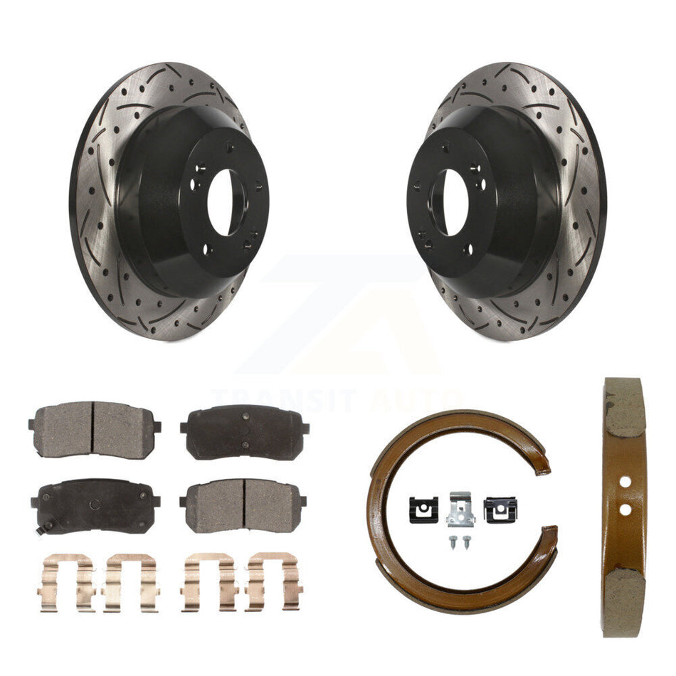 Rear Disc Drilled & Slotted Rotors Ceramic Pads Parking Brake Shoes Kit For Kia Sedona KDT-102154