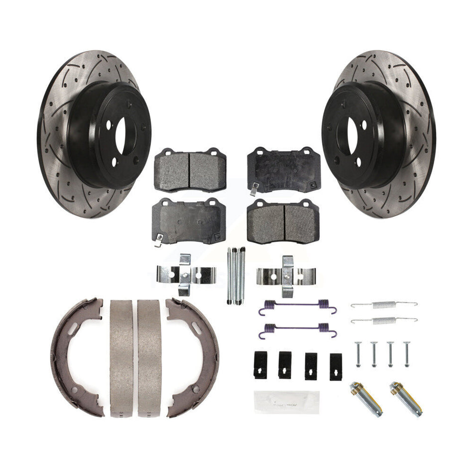 Rear Disc Drilled & Slotted Rotors Ceramic Pads Parking Brake Shoes And Hardware Kit For KDT-102170
