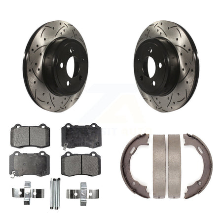 Rear Disc Drilled & Slotted Rotors Ceramic Pads Parking Brake Shoes Kit For Chrysler 300 KDT-102171