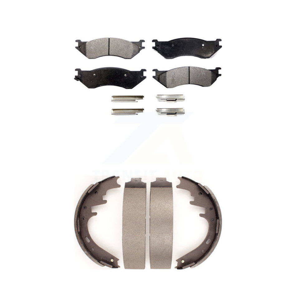 Front Rear Semi-Metallic Brake Pads And Drum Shoes Kit For Ford F-150 Dodge Ram 1500 Van B1500 KFN-100122