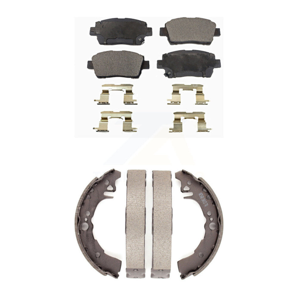 Front Rear Semi-Metallic Brake Pads And Drum Shoes Kit For 2001-2005 Toyota Echo KFN-100145
