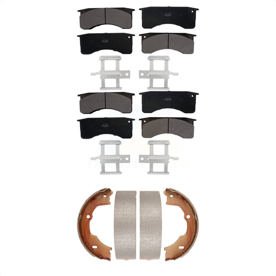 Front Rear Semi-Metallic Brake Pads And Parking Shoes Kit For GMC Chevrolet C5500 Kodiak Topkick With 4 Piston Caliper KFN-100570