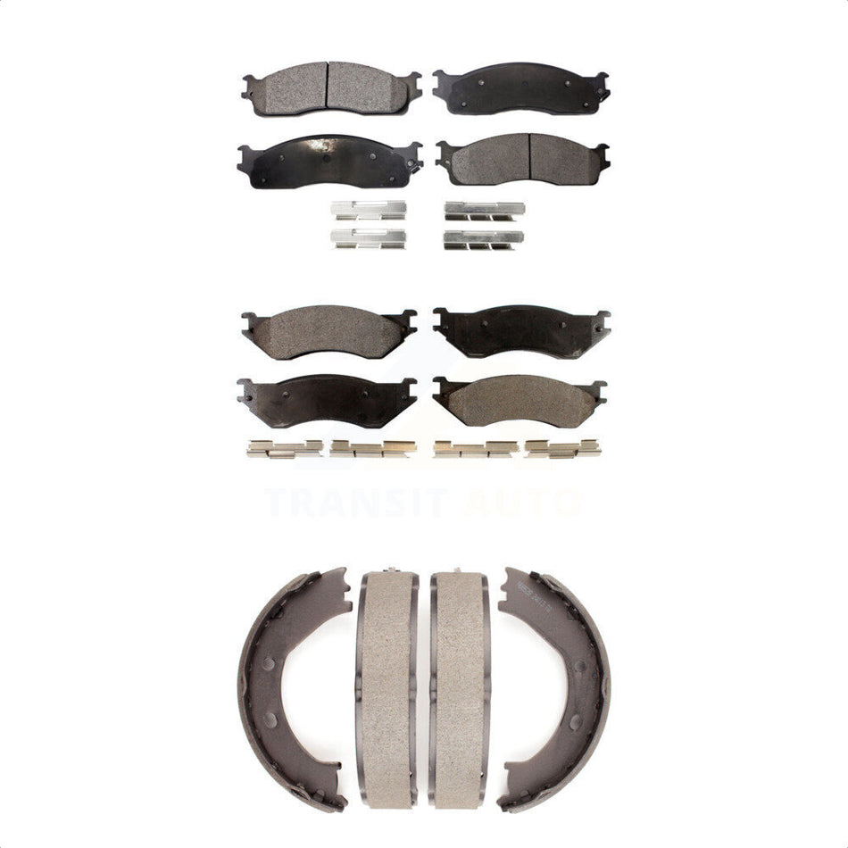 Front Rear Semi-Metallic Brake Pads And Parking Shoes Kit For 2008 Dodge Ram 1500 Extended Crew Cab Pickup With 5 Lug Wheels KFN-100611
