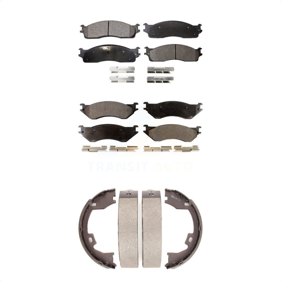 Front Rear Semi-Metallic Brake Pads And Parking Shoes Kit For Dodge Ram 1500 2500 3500 KFN-100613
