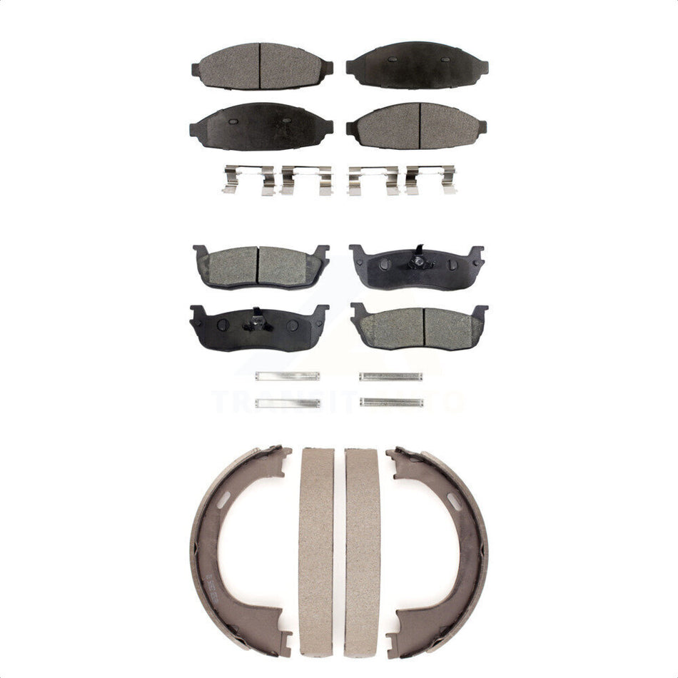 Front Rear Semi-Metallic Brake Pads And Parking Shoes Kit For 2003-2010 Lincoln Town Car Limousine KFN-100623