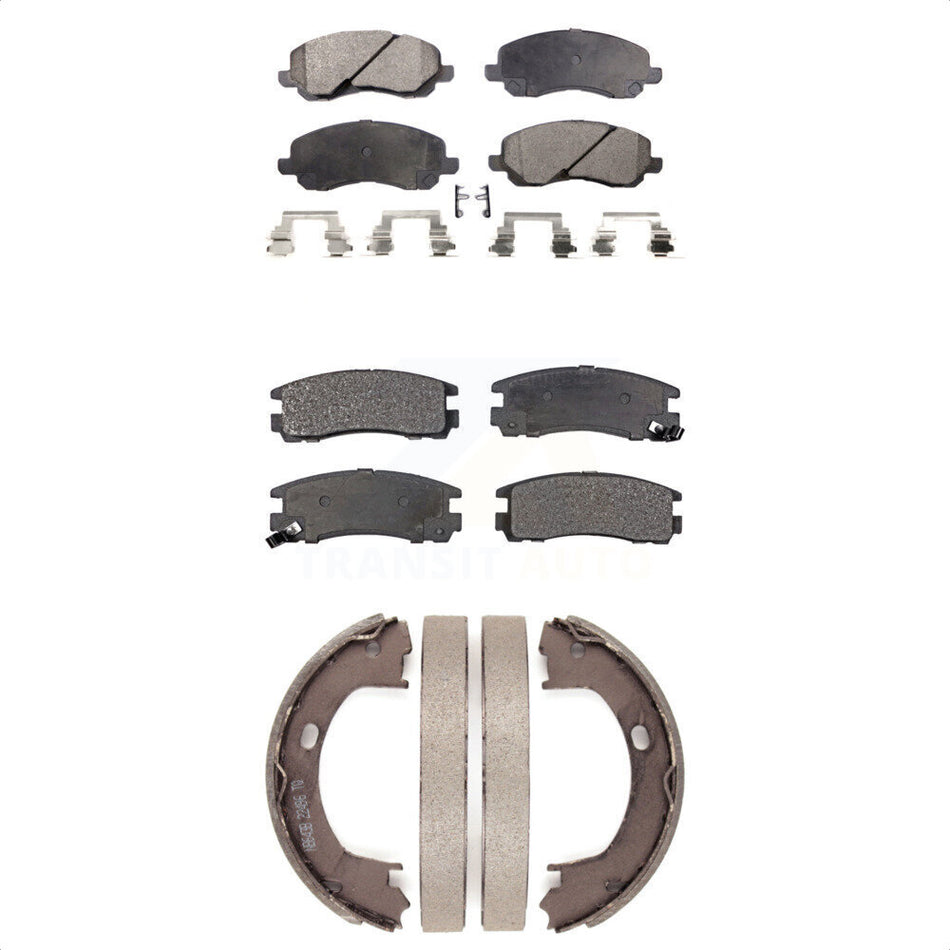 Front Rear Semi-Metallic Brake Pads And Parking Shoes Kit For 2001-2005 Dodge Stratus Coupe with Disc rear brakes KFN-100646