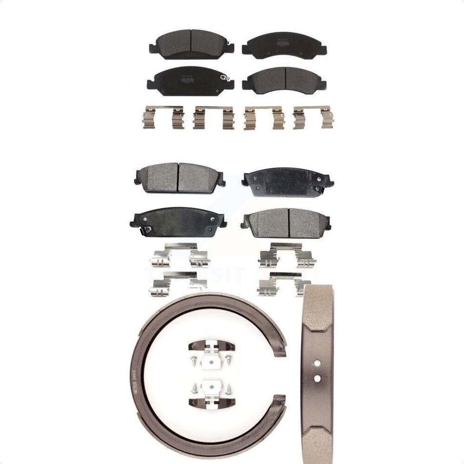 Front Rear Semi-Metallic Brake Pads And Parking Shoes Kit For Chevrolet Silverado 1500 GMC Sierra Tahoe Suburban Yukon Cadillac XL Avalanche Escalade ESV EXT KFN-100647