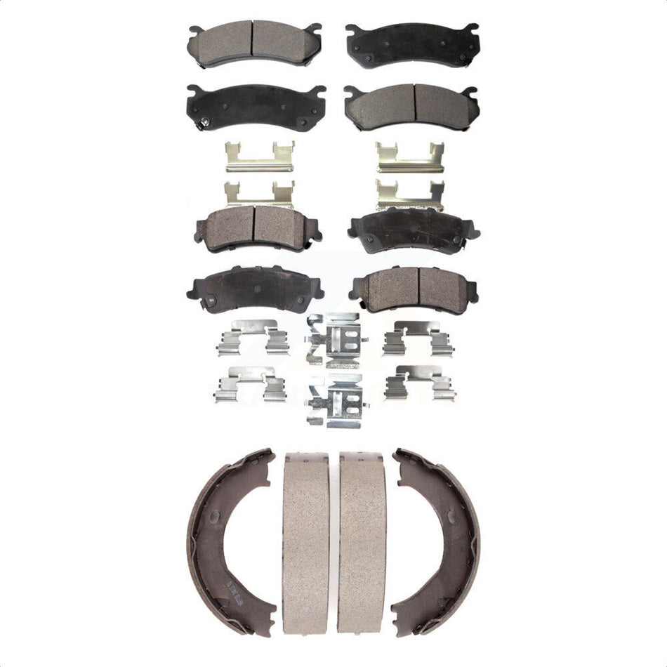 Front Rear Semi-Metallic Brake Pads And Parking Shoes Kit For 2006 GMC Sierra 1500 4 doors with Crew Cab Pickup Disc rear brakes With Single Piston Caliper KFN-100668