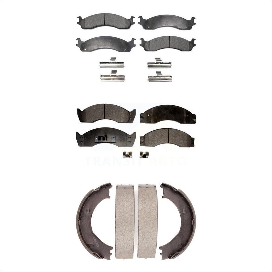 Front Rear Semi-Metallic Brake Pads And Parking Shoes Kit For 2003-2006 Ford E-450 Super Duty Without Driveline Mounted KFN-100704