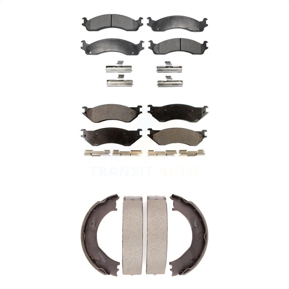 Front Rear Semi-Metallic Brake Pads And Parking Shoes Kit For 2001-2002 Dodge Ram 2500 3500 KFN-100710