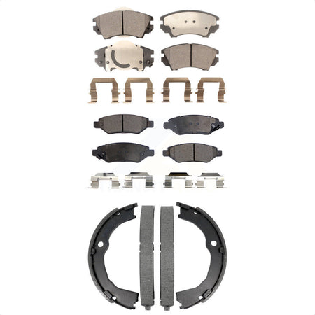 Front Rear Semi-Metallic Brake Pads Parking Shoe Kit For 2010-2015 Chevrolet Camaro LT LS KFN-100877