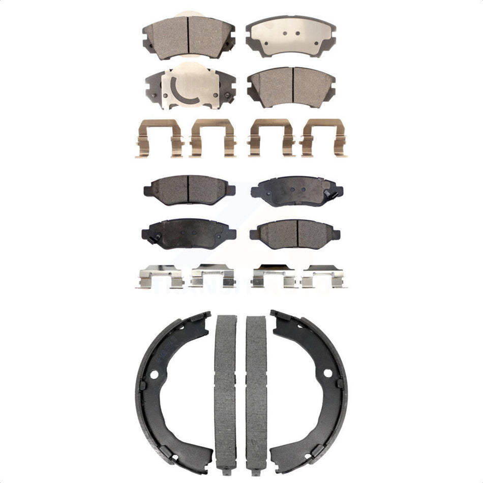 Front Rear Semi-Metallic Brake Pads Parking Shoe Kit For 2010-2015 Chevrolet Camaro LT LS KFN-100877