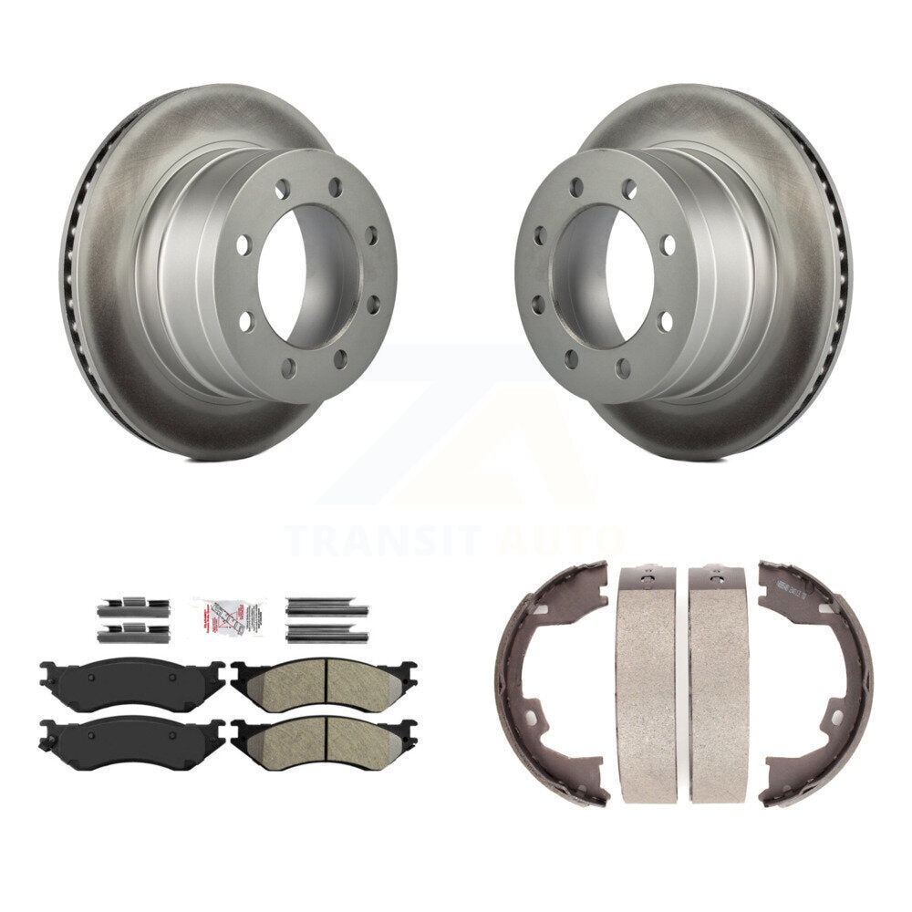 Rear Disc Coated Rotors Semi-Metallic Pads Parking Shoes Kit For Dodge Ram 1500 3500 2500 KGA-106498