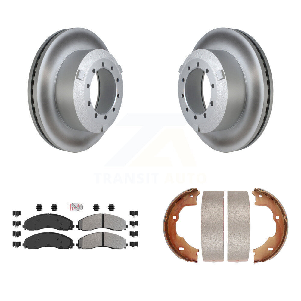 Rear Disc Coated Rotors Semi-Metallic Pads & Parking Shoes Kit For Ford F-450 Super Duty KGA-106699