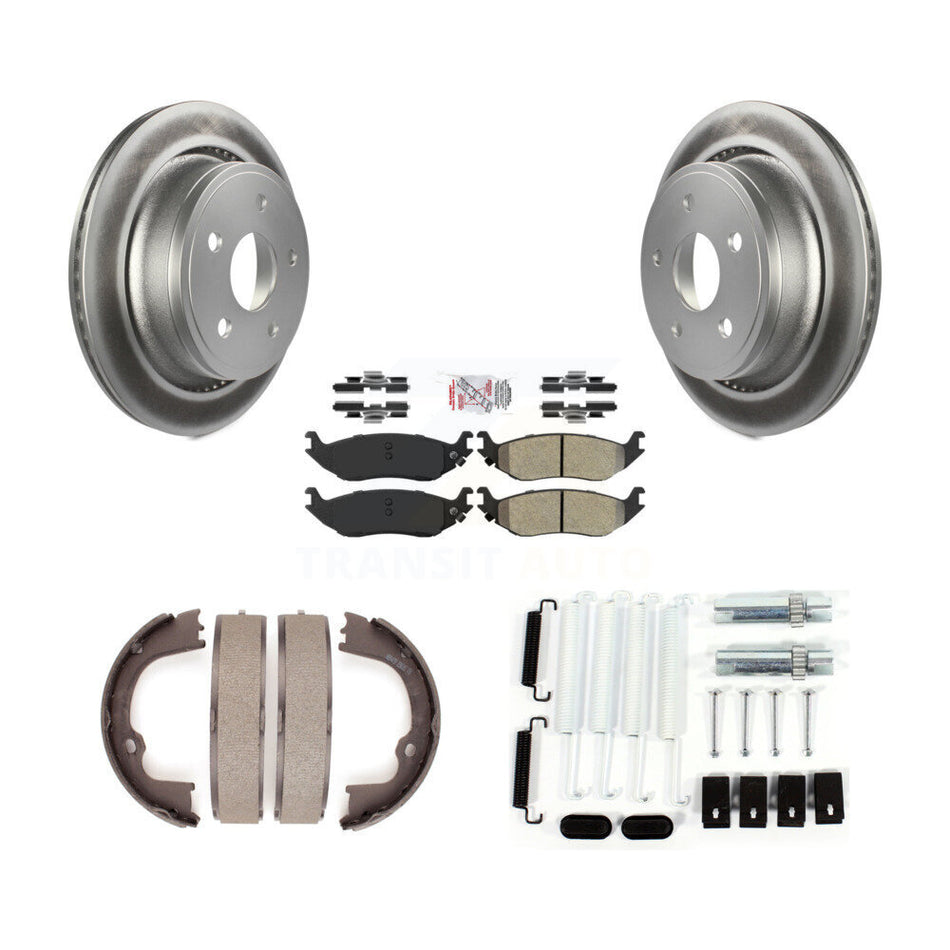 Rear Disc Coated Rotors Semi-Metallic Pads Parking Shoes Hardware Kit For Ram 1500 Dodge KGA-107113