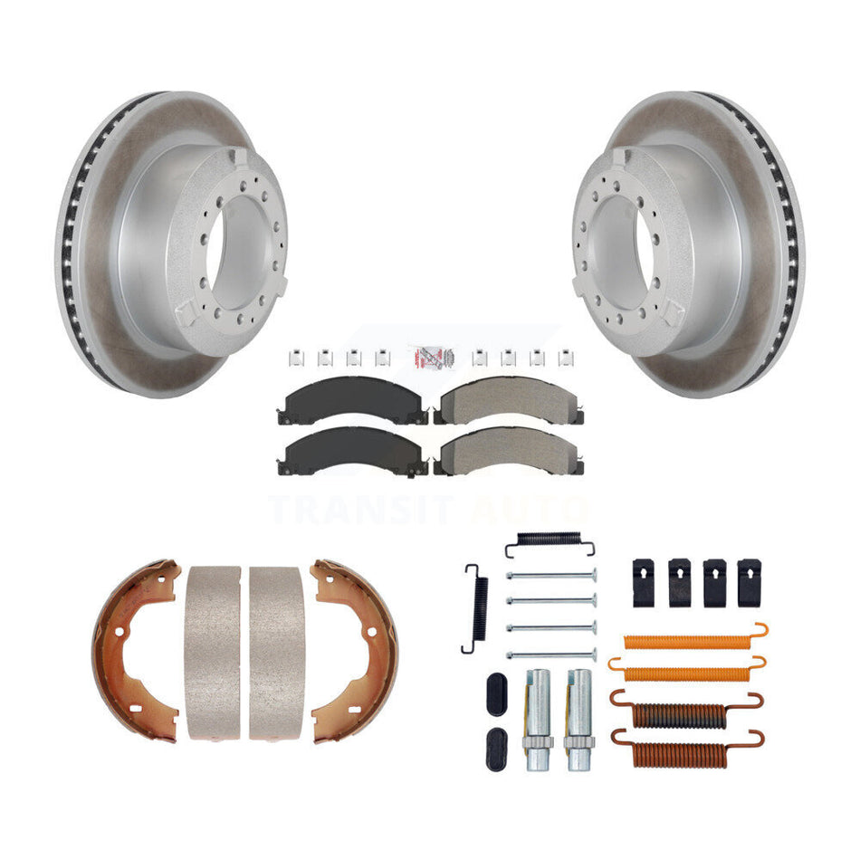 Rear Disc Coated Rotors Semi-Metallic Pads Parking Shoes Hardware Kit For Ram Dodge Truck KGA-107291