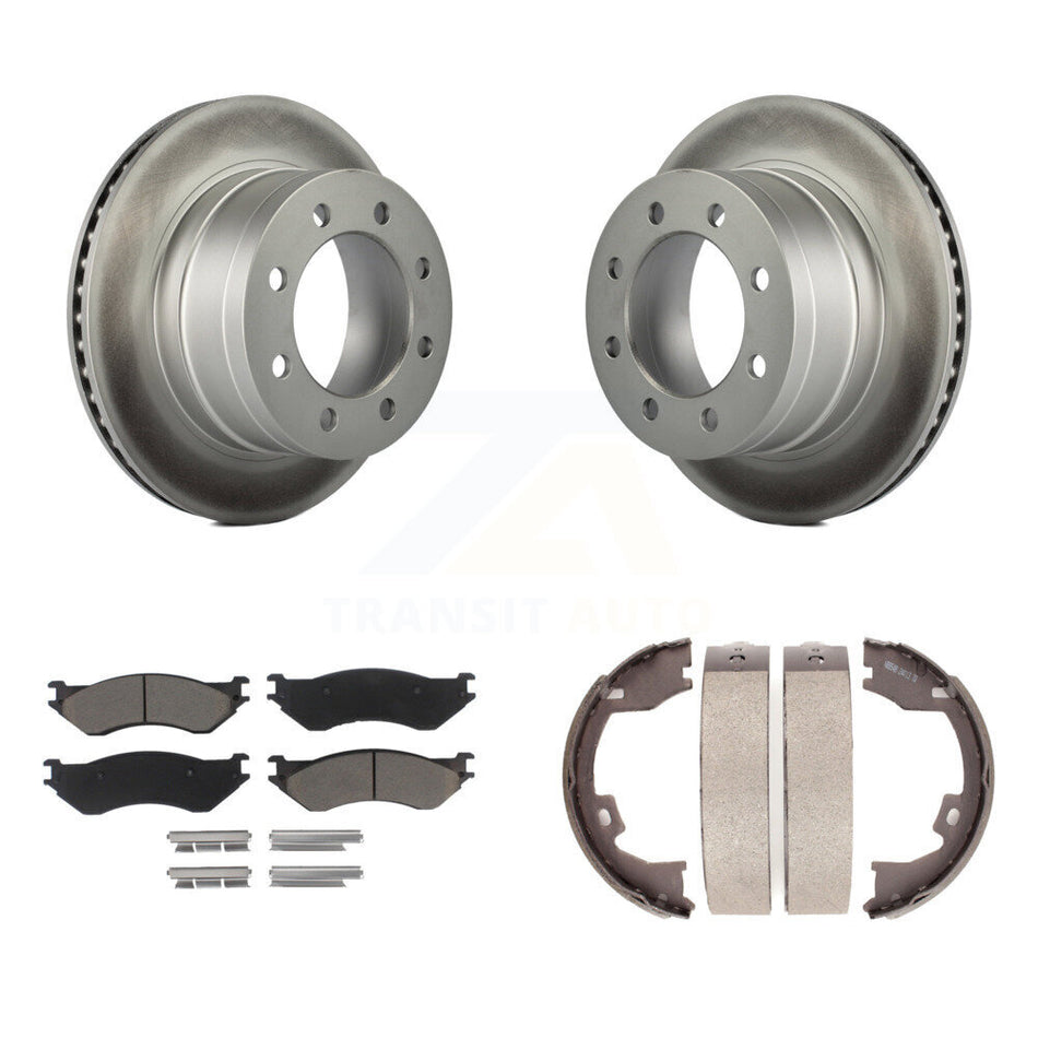 Rear Disc Coated Rotors Ceramic Pads Parking Brake Shoes Kit For Dodge Ram 1500 3500 2500 KGC-103082