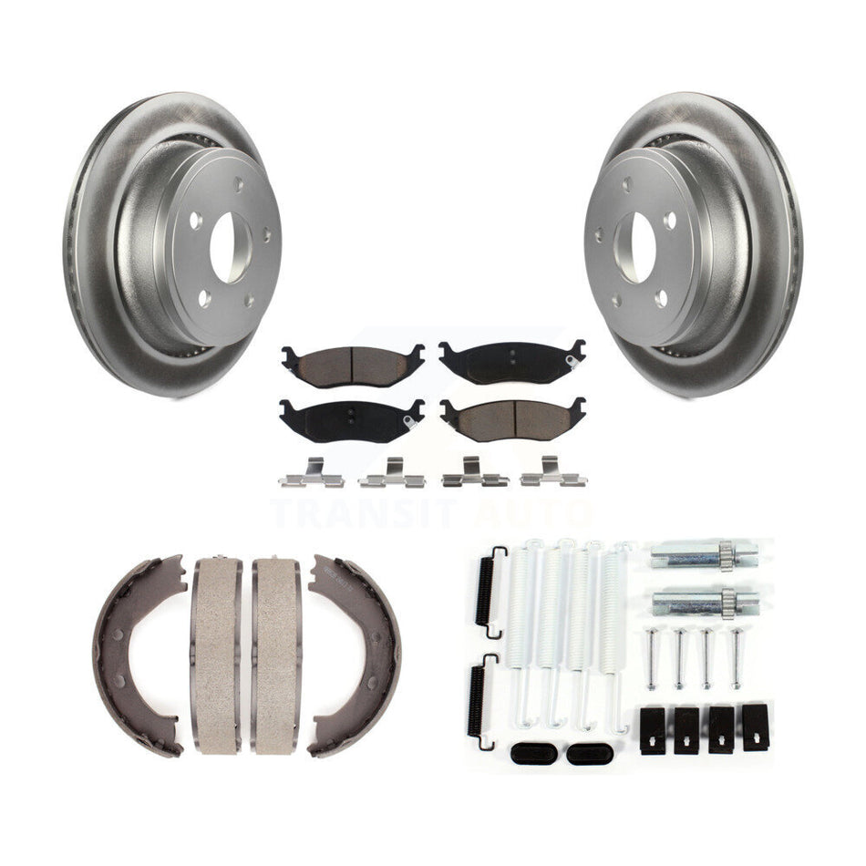 Rear Disc Coated Rotors Ceramic Pads Parking Brake Shoes Hardware Kit For Dodge Ram 1500 KGC-103548