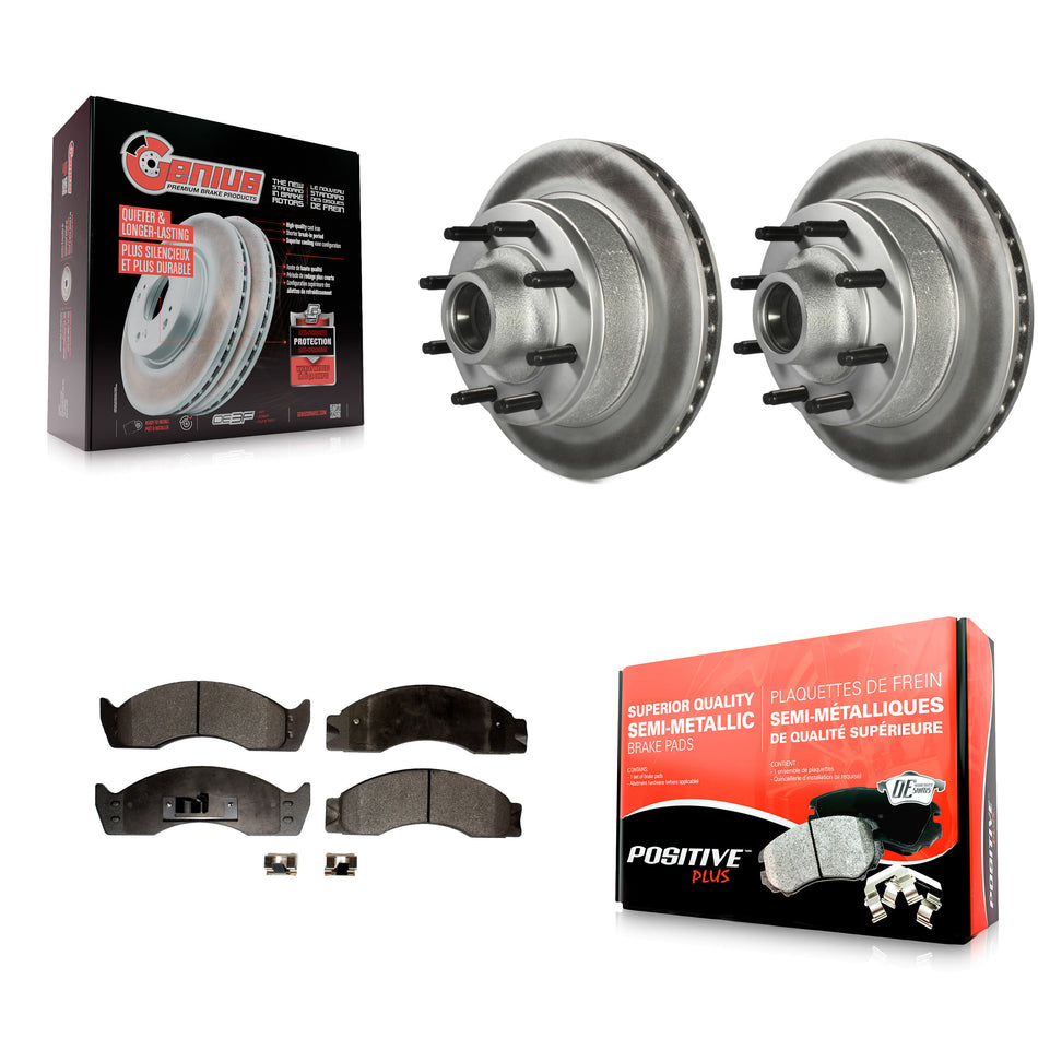 Front Coated Disc Brake Rotors Hub Assembly And Semi-Metallic Pads Kit For 2000-2002 Ford E-450 Econoline Super Duty With Single Rear Wheels KGF-100530