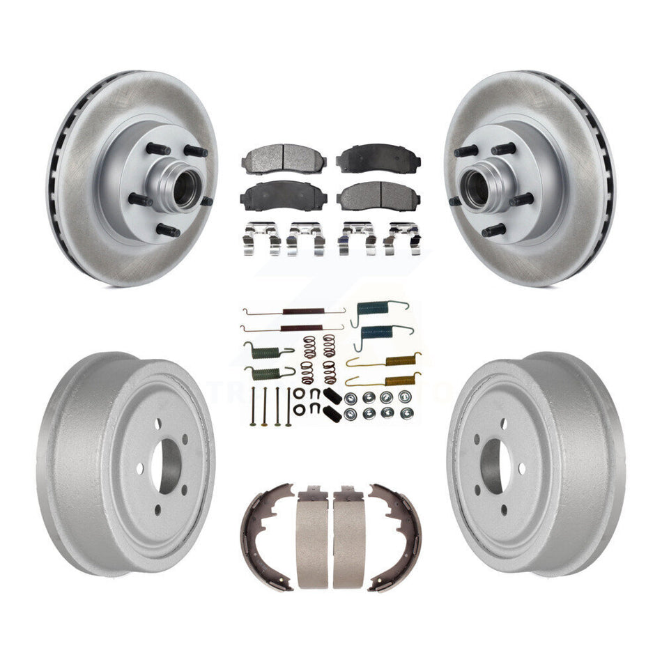 Front Rear Coated Disc Brake Rotors Hub Assembly Semi-Metallic Pads And Drum Kit (7Pc) For 2006-2009 Ford Ranger RWD With 10" Diameter KGF-101640