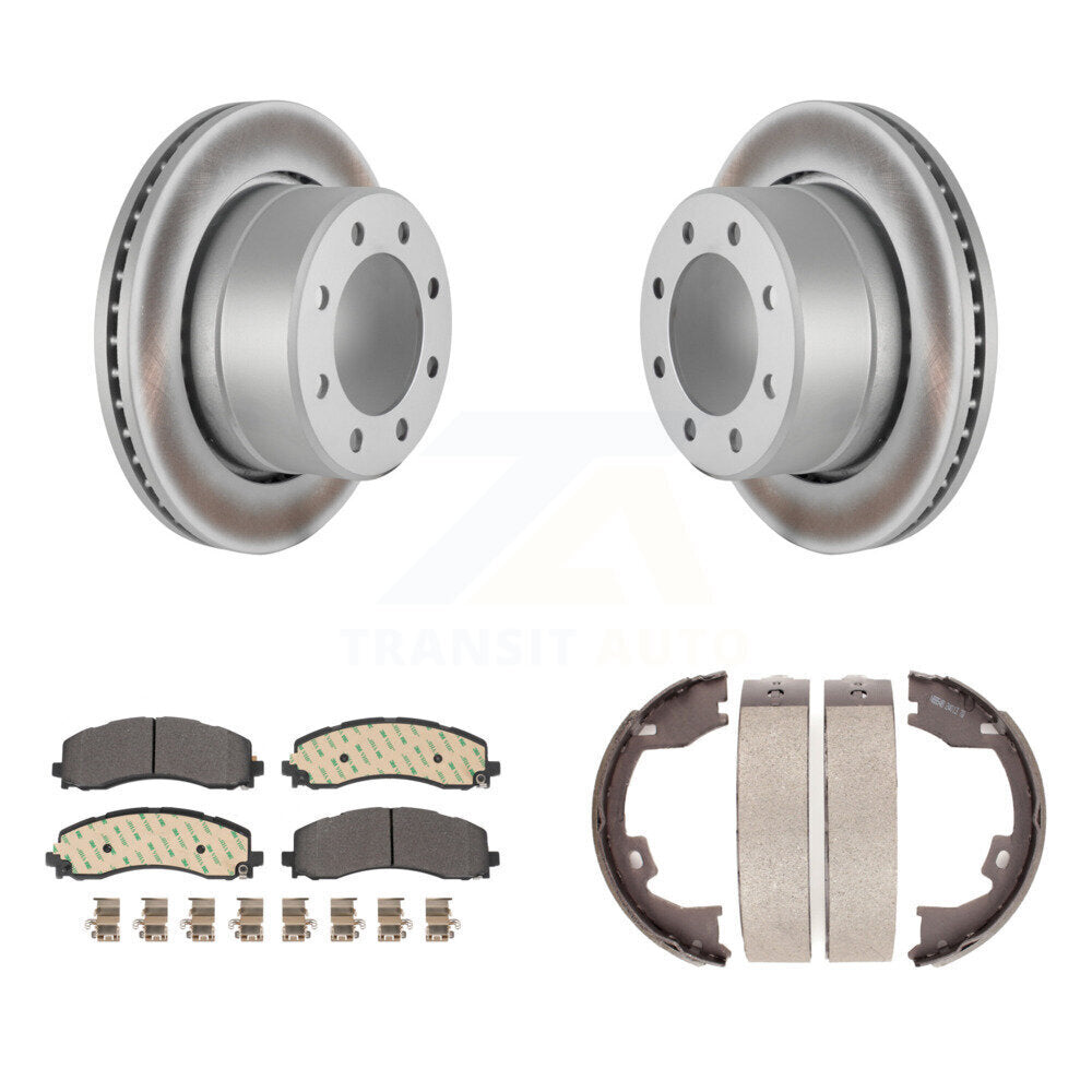 Rear Disc Coated Rotors Semi-Metallic Pads And Parking Brake Shoes Kit For Ram 2500 3500 KGF-103565