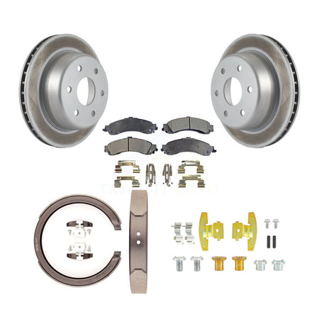 Rear Disc Coated Rotors Semi-Metallic Pads Parking Shoes & Hardware Kit For Chevrolet GMC KGF-103844